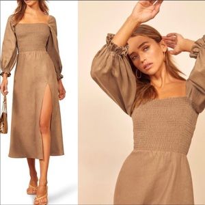 Reformation Gitane Smocked Linen Dress XS 0